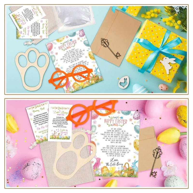 VioraWhite 11 Pcs Easter Bunny Evidence Set Bunny Footprints Template Greeting Cards Stickers Cardboard Key Glasses Prop for DIY Easter Scene Dress up Gifts