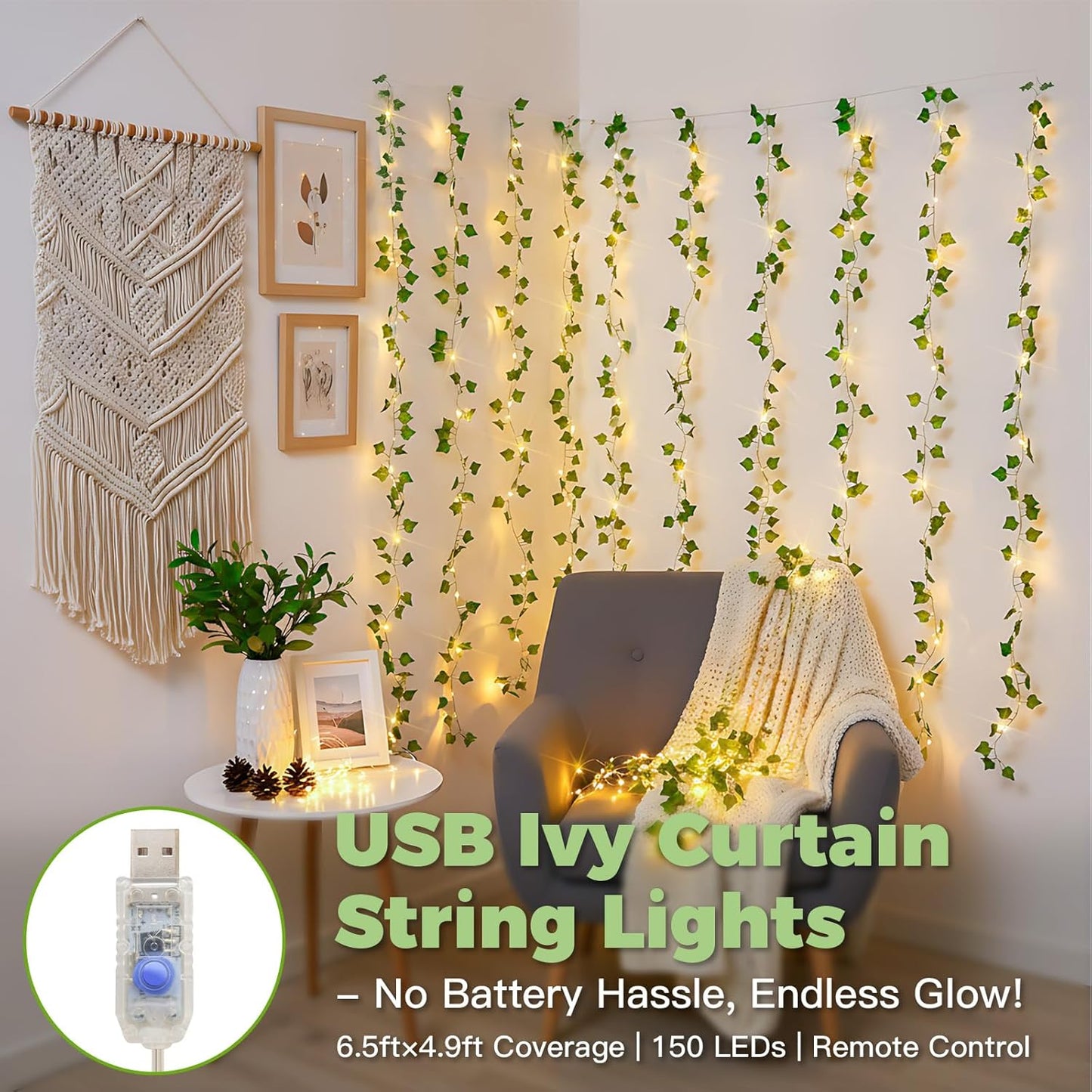Suddus Vines with Lights - 150 LED Fairy Lights for Bedroom & Decor | 6.5ft x 4.9ft Ivy Curtain Lights