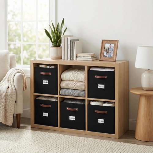 DECOMOMO Storage Bins - Fabric Cube Storage Bins with Labels | 10.5" x 11" | Set of 6, Black