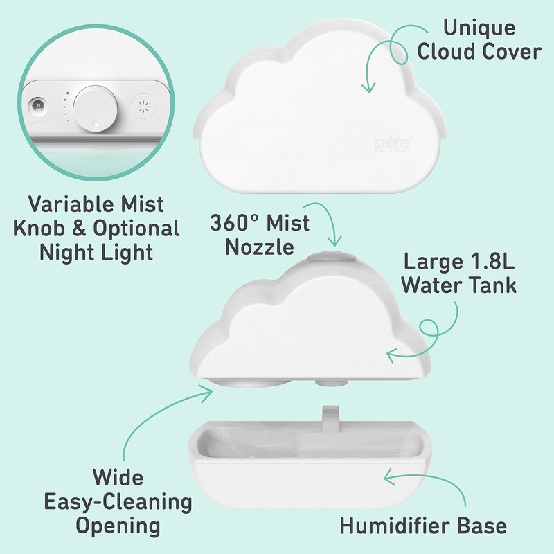 Pure Enrichment PureBaby Cloud Ultrasonic Cool Mist Humidifier Quiet Variable Mist for up to 24 Hrs Ideal for Baby Nurseries & Kids Bedrooms to Relieve Congestion Colds & Coughs, Night Light, BPA-Free