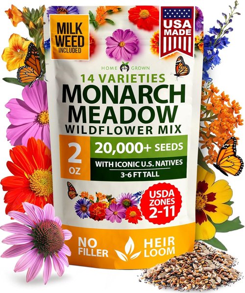 HOME GROWN Premium Monarch Butterfly Wildflower Seeds Mix - 20,000+ Non-GMO Milkweed Seeds for Pollinator Gardens | 2oz Perennial Flower Blend