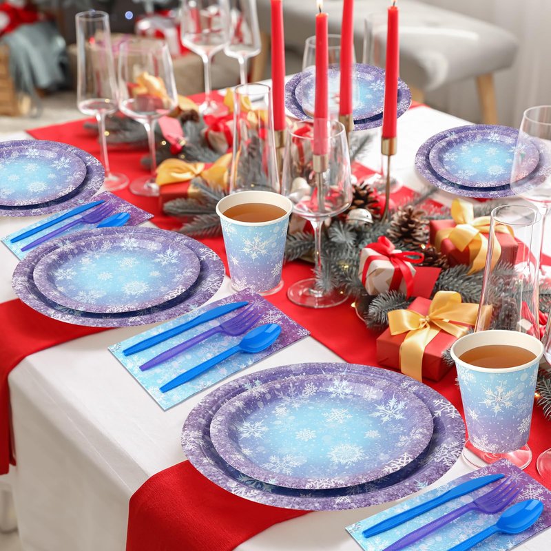 Winter Snowflake Paper Plates and Napkins Set, Blue and Purple Snowflake Winter Wonderland Disposable Tableware for Christmas Winter Holiday New Year Birthday Party Supplies Decorations, Serve 50