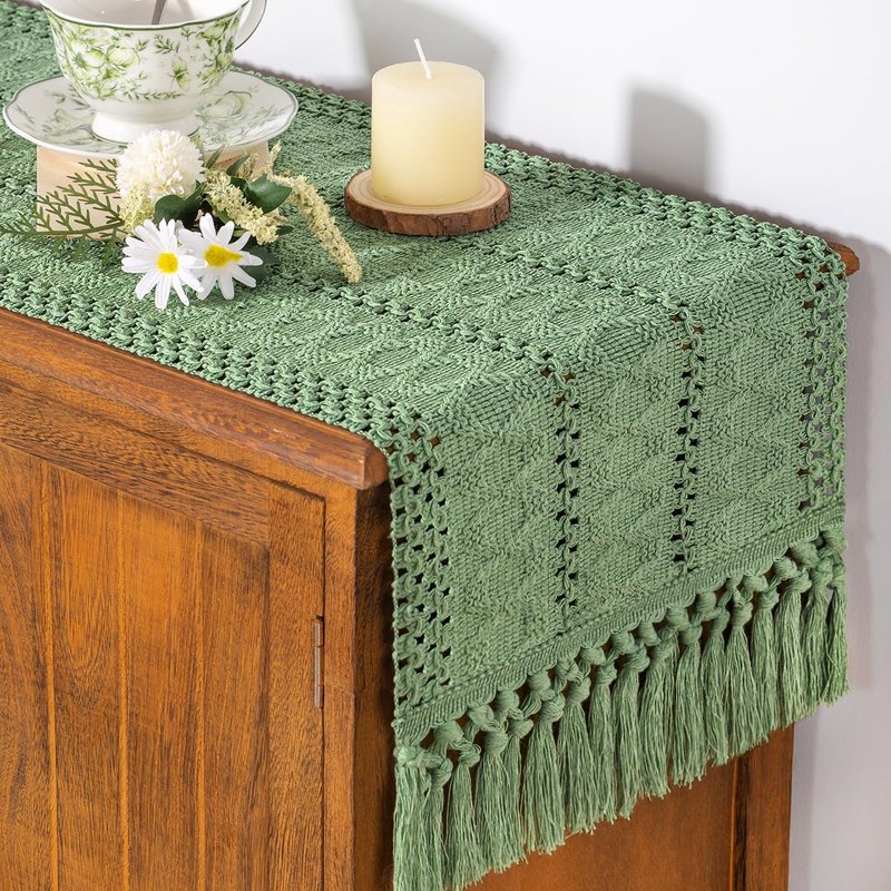 Socomi Sage Green Boho Table Runner Summer Farmhouse Rustic Dining Kitchen Centerpiece Decor Small Macrame Woven Cotton Linen Coffee Table Runner for Dresser Scarf Home Decor 12x60 inch