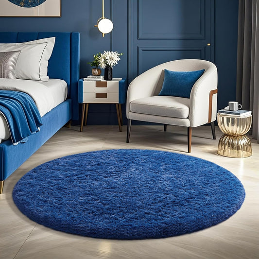 Ophanie Blue Round Rug - 4Ft Circle Area Rug for Boys Room | Soft, Fluffy Shaggy Carpet for Kids' Decor