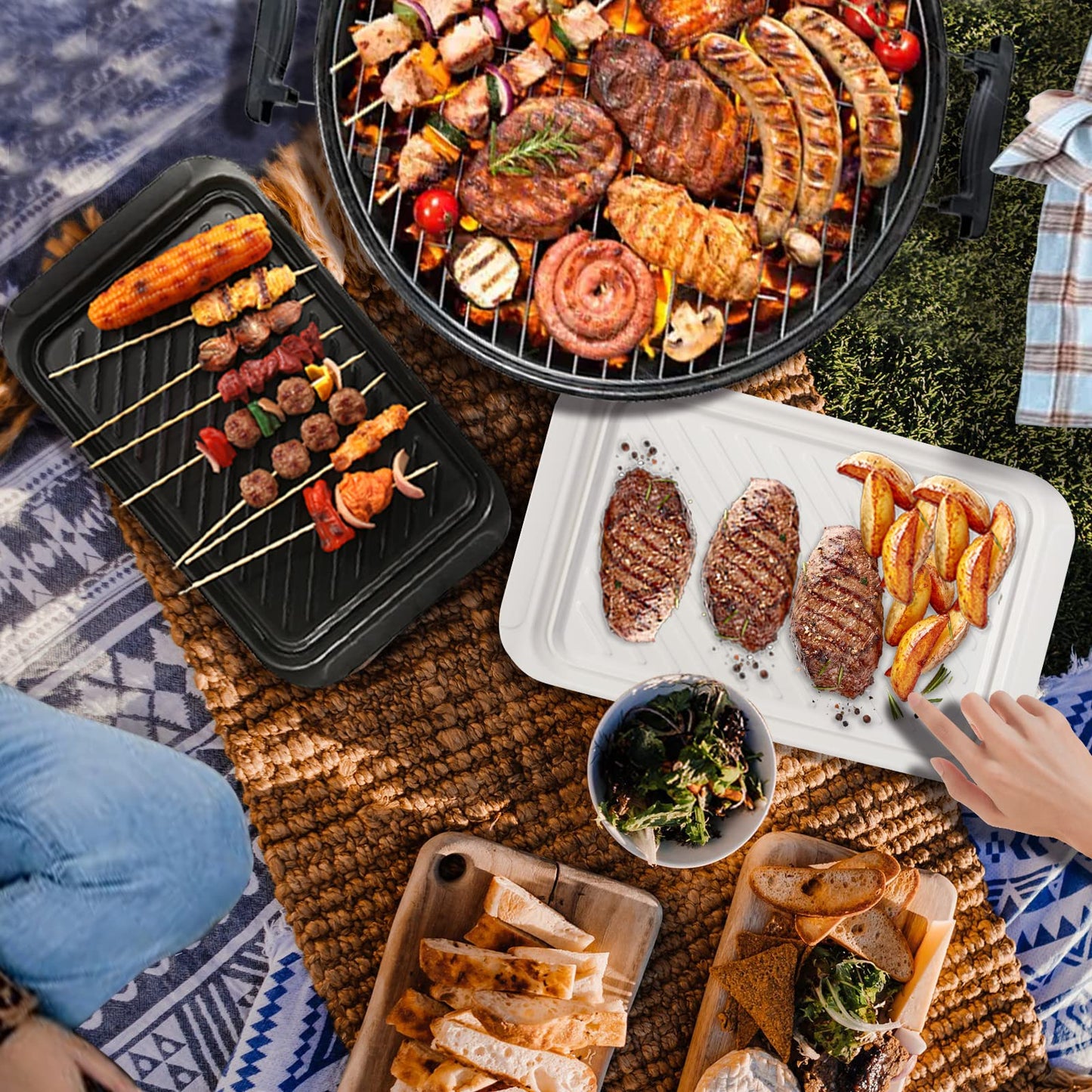 TP Grilling Prep and Serve Trays, 17 x 10.5 inch BBQ Trays for Cooked and Raw Foods, Set of 2 Melamine Serving Platters for Meats, Grill Accessories, Black and White