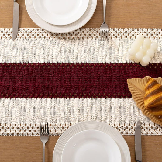 Socomi Boho Table Runner Easter Spring Farmhouse Rustic Dining Kitchen Centerpiece Decor Small Macrame Woven Cotton Linen Coffee Table Runner for Dresser Scarf Home Decor 12x36 in Burgundy Ivory
