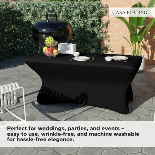 Casa Platino Spandex Tablecloths Rectangular - 2 Pack 8FT Black Table Cloth for Rectangular Fitted Folding Tables, Wrinkle Resistant, Stretchable Table Covers for Party, Wedding, Cocktail & Birthday