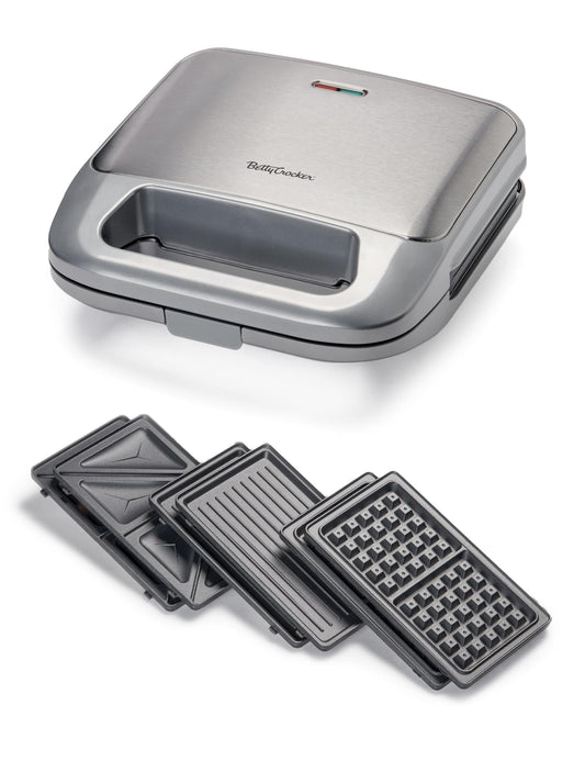Betty Crocker 3-in-1 Indoor Grill, Sandwich/Panini Press & Waffle Maker Plus, Electric Grill Indoor with Interchangeable Non-Stick Plates, 750 Watts, BC-4965S, Silver