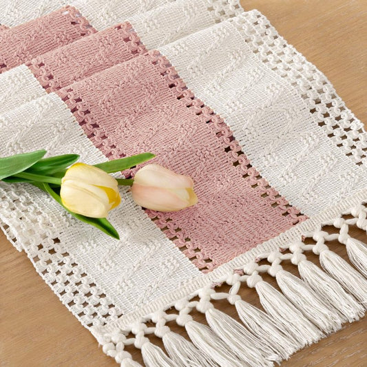 Socomi Boho Table Runner Easter Spring Farmhouse Rustic Dining Kitchen Centerpiece Decor Small Macrame Woven Cotton Linen Coffee Table Runner for Dresser Scarf Home Decor 12x36 inPink Ivory