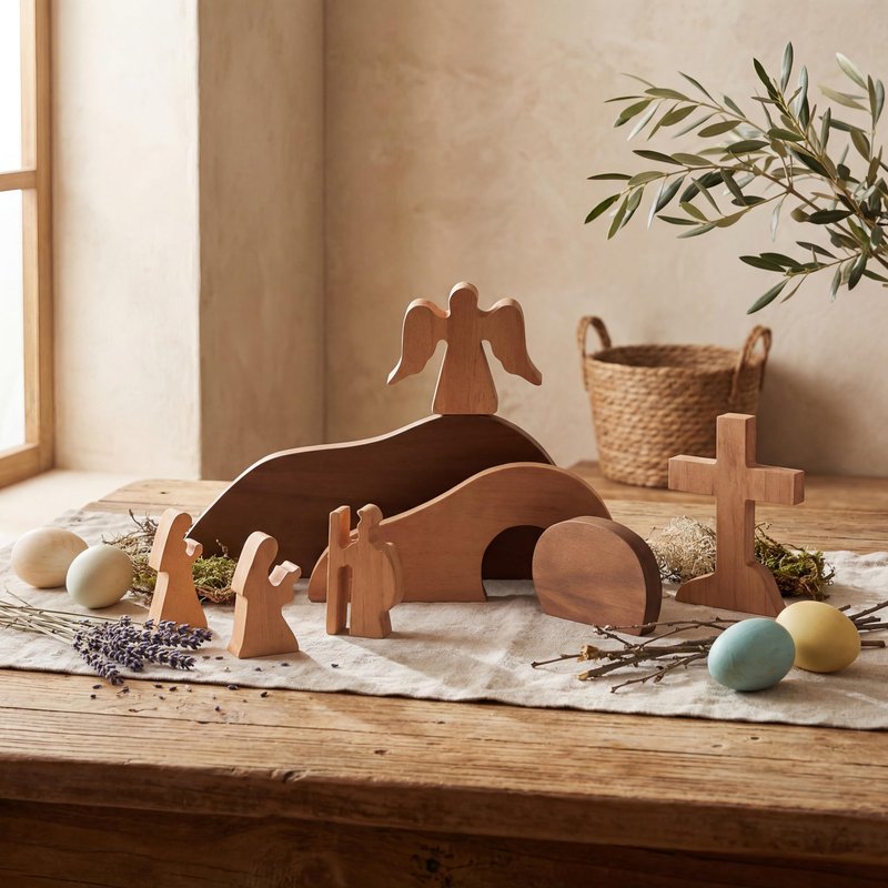 Vercraft 9 Pcs Religious Easter Decorations for Home Empty Tomb Easter Scene and Cross Decoration Wooden Resurrection Scene Set Jesus Nativity Tomb Decor for Christian Table Tiered Tray Office Crafts