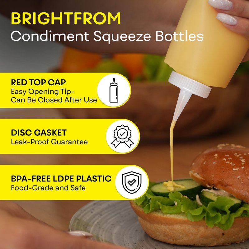 BRIGHTFROM Squeeze Bottles, Leak Proof, Wide Neck, BPA FREE Plastic, 16 OZ 2 PACK, Condiment Empty Squirt Bottle with Red Top Cap - for Ketchup, Mustard, Syrup, Sauces, Dressing, Oil, Arts & Crafts