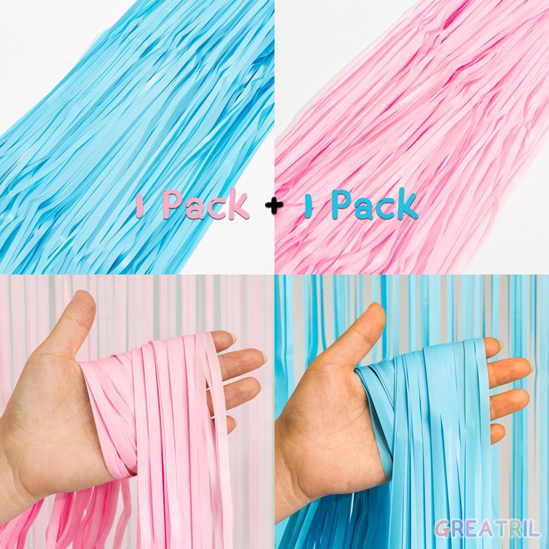 Pink and Blue Party Photo Backdrop - GREATRIL Foil Fringe Tinsel Streamers for Gender Reveal/Pastel/Easter/Birthdays Party Decorations - 3.2ft X 8.2ft - 2 Packs