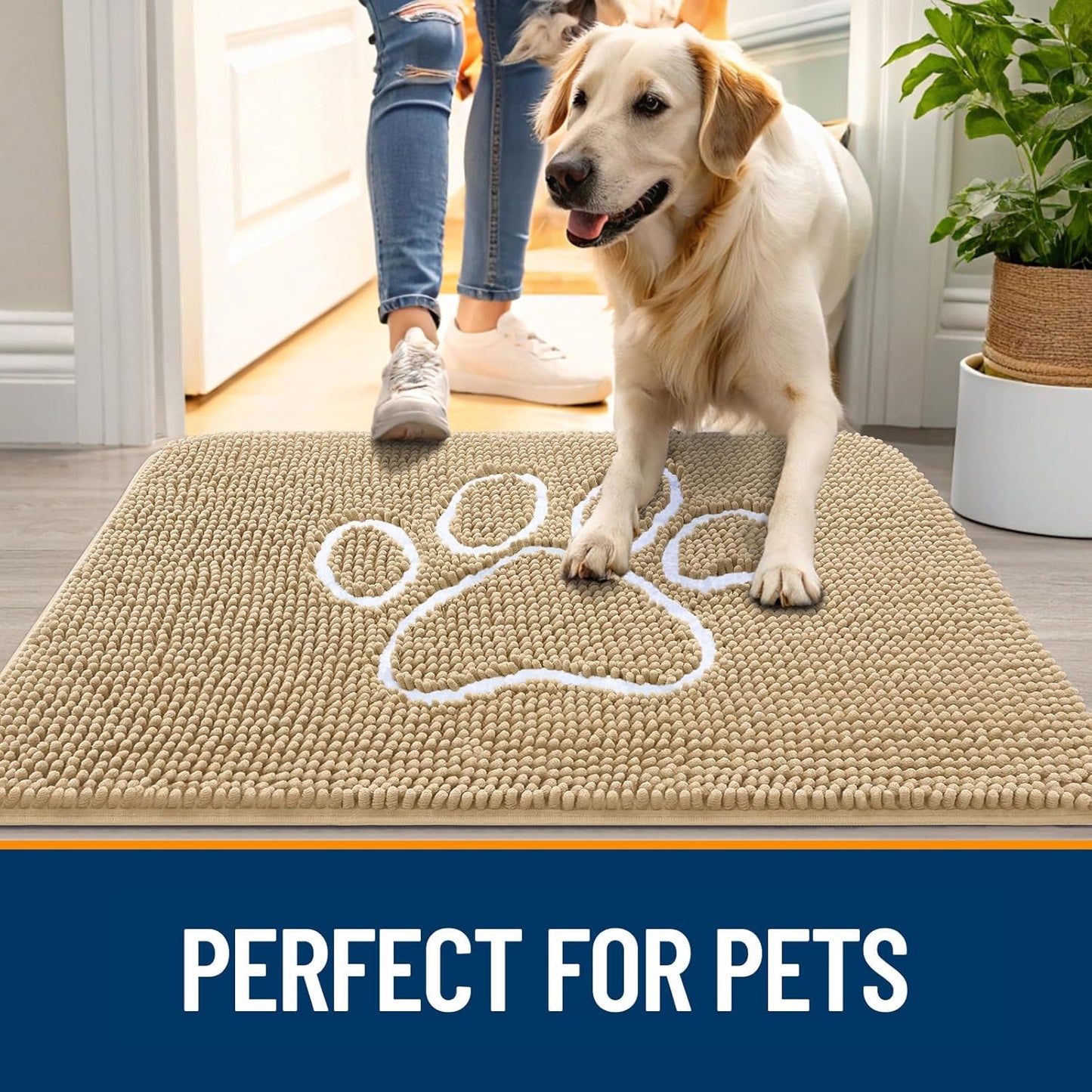 OLANLY Dog Door Mat - Absorbent Non-Slip Chenille for Muddy Paws | 47x20 Paw Print Design, Beige