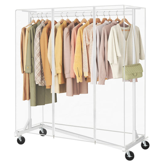Hoctieon Z Clothes Rack with Cover, Metal Heavy Duty Clothing Rack, Rolling Garment Rack with Wheels, with Dustproof Cover Waterproof Protector, with 2 Durable Zippers, for Hanging Clothes, White