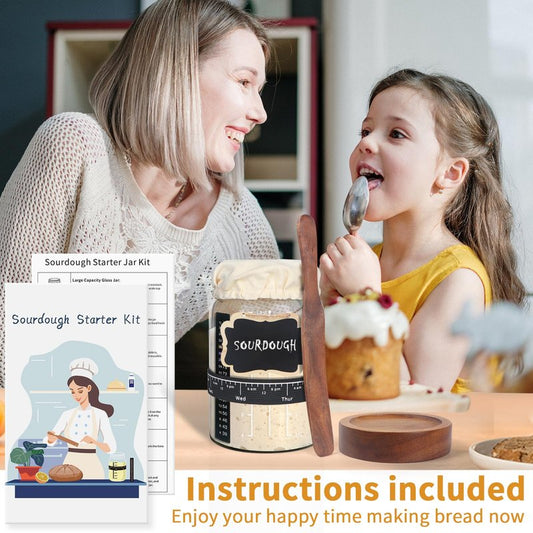 Sourdough Starter Jar Glass, 34 Oz DIY Wide-mouth Pro Sourdough Starter Jar Kit with Acacia Spatula, Cholkboard Sign, Thermometer, Feeding Band, cloth cover, Reusable Sourdough Bread Baking Supplies.