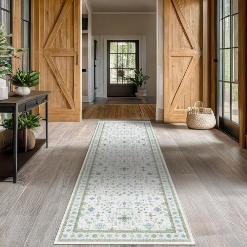 Hazo Haus Oushak 3x16 Wide Hallway Runner Rug - Vintage Turkish Floral Design | Washable, Non-Slip, Light Blue & Green