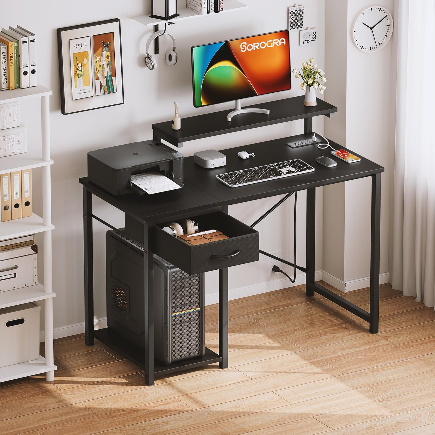 SOROGRA Computer Desk with Adjustable Monitor Stand, 47.2 in Small Desk with Reversible Storage Shelves, Office Desk with Spacious Desktop Spaces for Home Bedroom Workstation, Black
