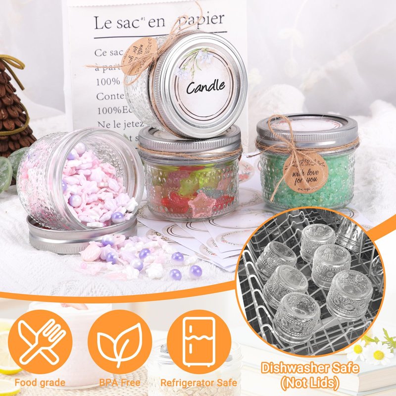 igoelove 4 oz Mason Jars with Embossed Pattern 24 Pack | Small Canning Jars with Airtight Lids | Mini Glass jars for Jams, Jelly, Honey, Spices, DIY Candles, Wedding Favors and Gift Packaging