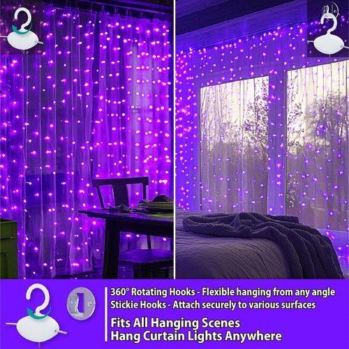 HXWEIYE 300LED Fairy Curtain Lights, 9.8x9.8Ft USB Plug-in 8 Modes Christmas String Hanging Lights with Remote for Bedroom Backdrop Wedding Indoor Wall Decor, Purple, Standard – 1 Pack