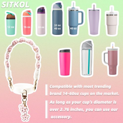 Handle Strap and Charm Set for Owala Water Bottle 24 oz, 32 oz, 40 oz, Owala Kids, Owala Coffee Tumbler, Owala FreeSip – Includes Handle Strap, for Owala Accessories & Stanley Cup Accessories (Pink)