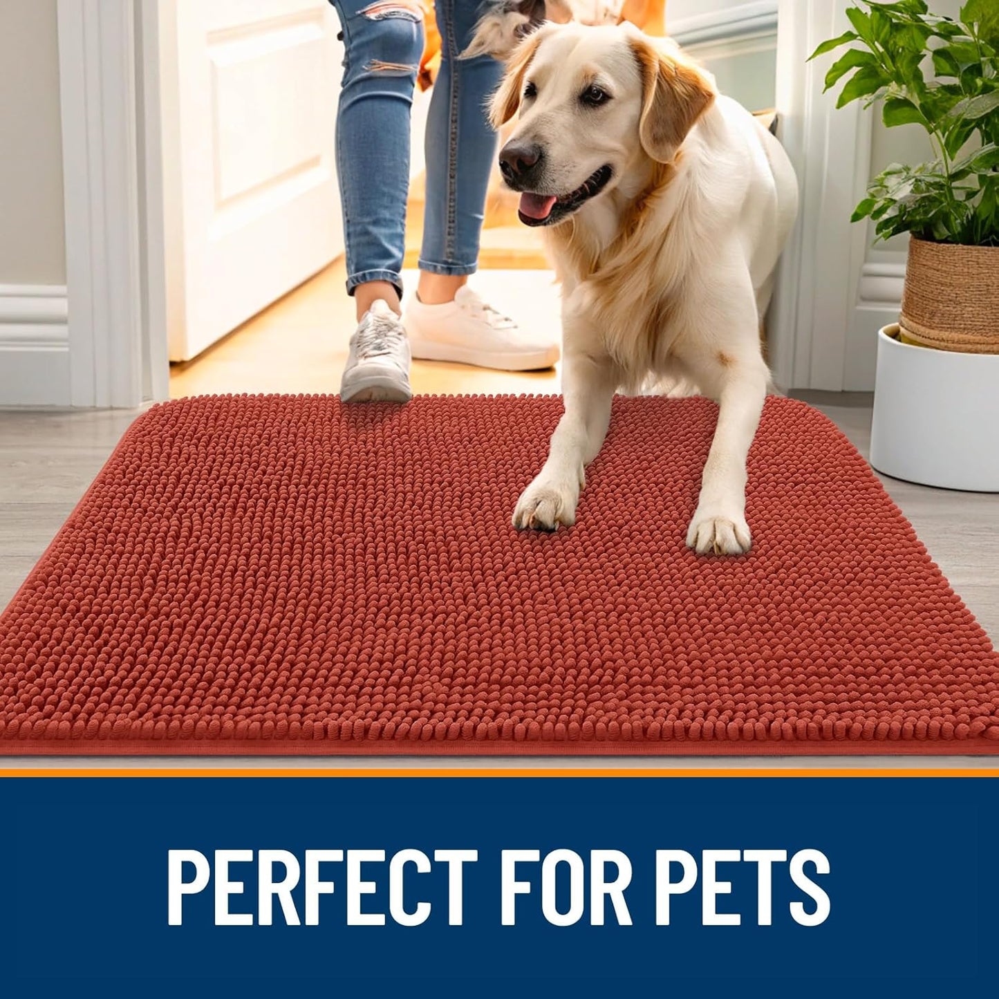 OLANLY Dog Door Mat - Absorbent Non-Slip Washable Chenille Mat for Muddy Paws | 54x32, Maple Red
