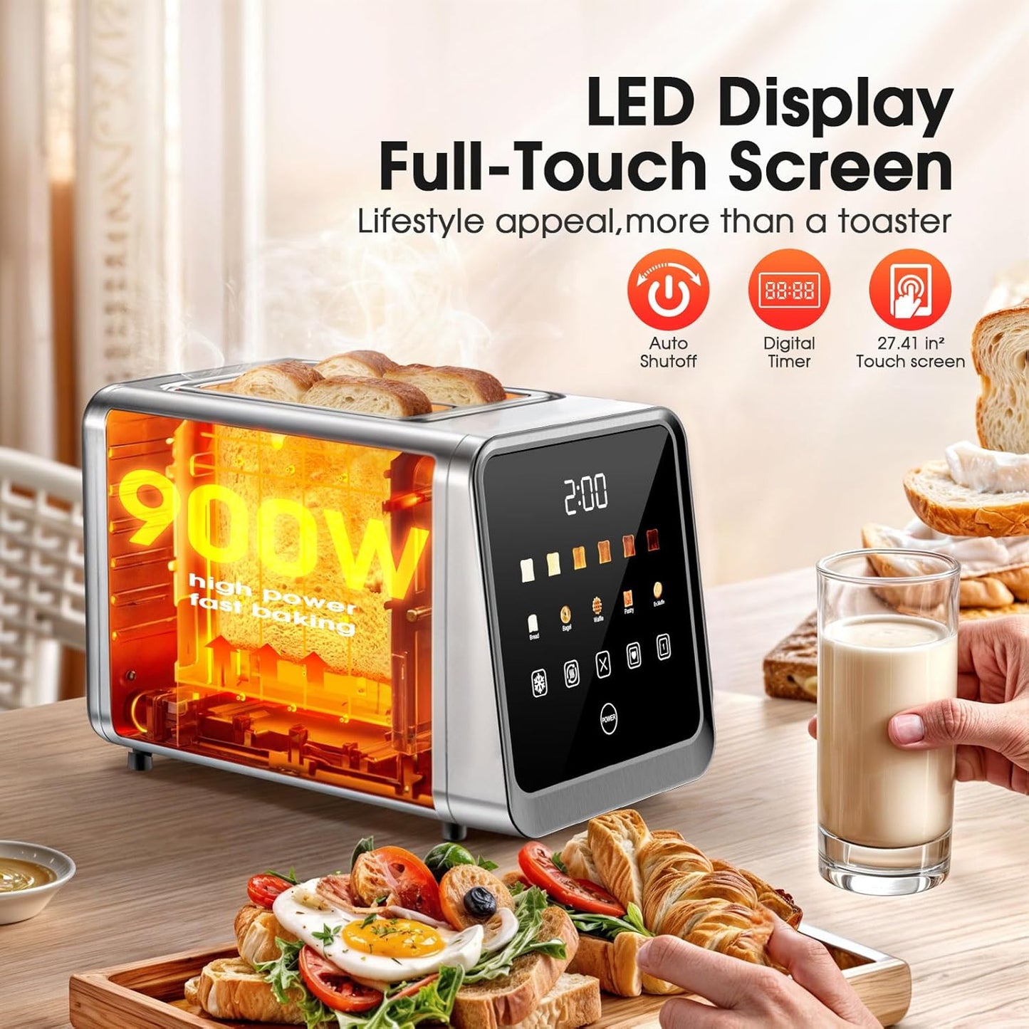 Skiennix 2-Slice Toaster - Smart Digital Touchscreen with Memory Function & Extra-Wide Slots