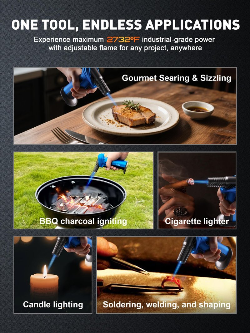 SMART JERRY - Mini Torch Gun | Butane Torch Lighter Windproof & Refillable with Safety Lock | Max 1500℃ Adjustable Flame for Cooking, BBQ, Creme Brulee, Soldering, Cigar Lighting