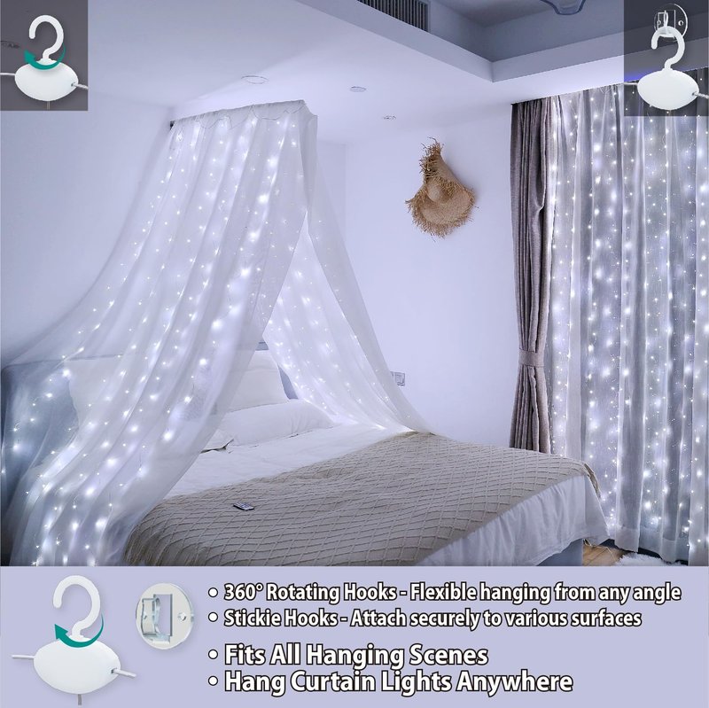HXWEIYE 300LED Fairy Curtain Lights, 9.8x9.8Ft USB Plug-in 8 Modes Christmas String Hanging Lights with Remote for Bedroom Backdrop Wedding Indoor Wall Decor, White, Standard – 1 Pack