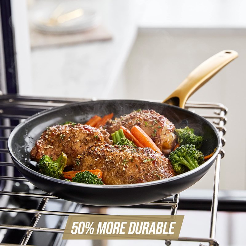 Blue Diamond 8" Nonstick Frying Pan Skillet, Diamond Infused PFAS & PTFE-Free Ceramic Pot, Dishwasher & Oven Safe, Gold Handle, Induction, Non Toxic Metal Utensil Safe, Egg & Omelet Pan, Black