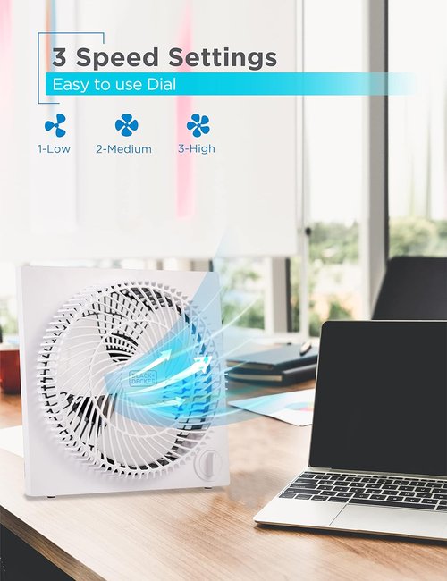 BLACK+DECKER 9-Inch Box Fan - Portable 3-Speed Desk Fan for Home Office or Garage | White Finish
