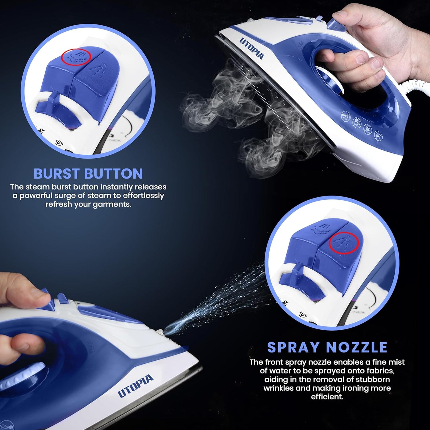 Utopia Home Steam Iron - 1200W Non-Stick Soleplate Clothes Iron | 2.3m Cord, Adjustable Thermostat, Safety Features
