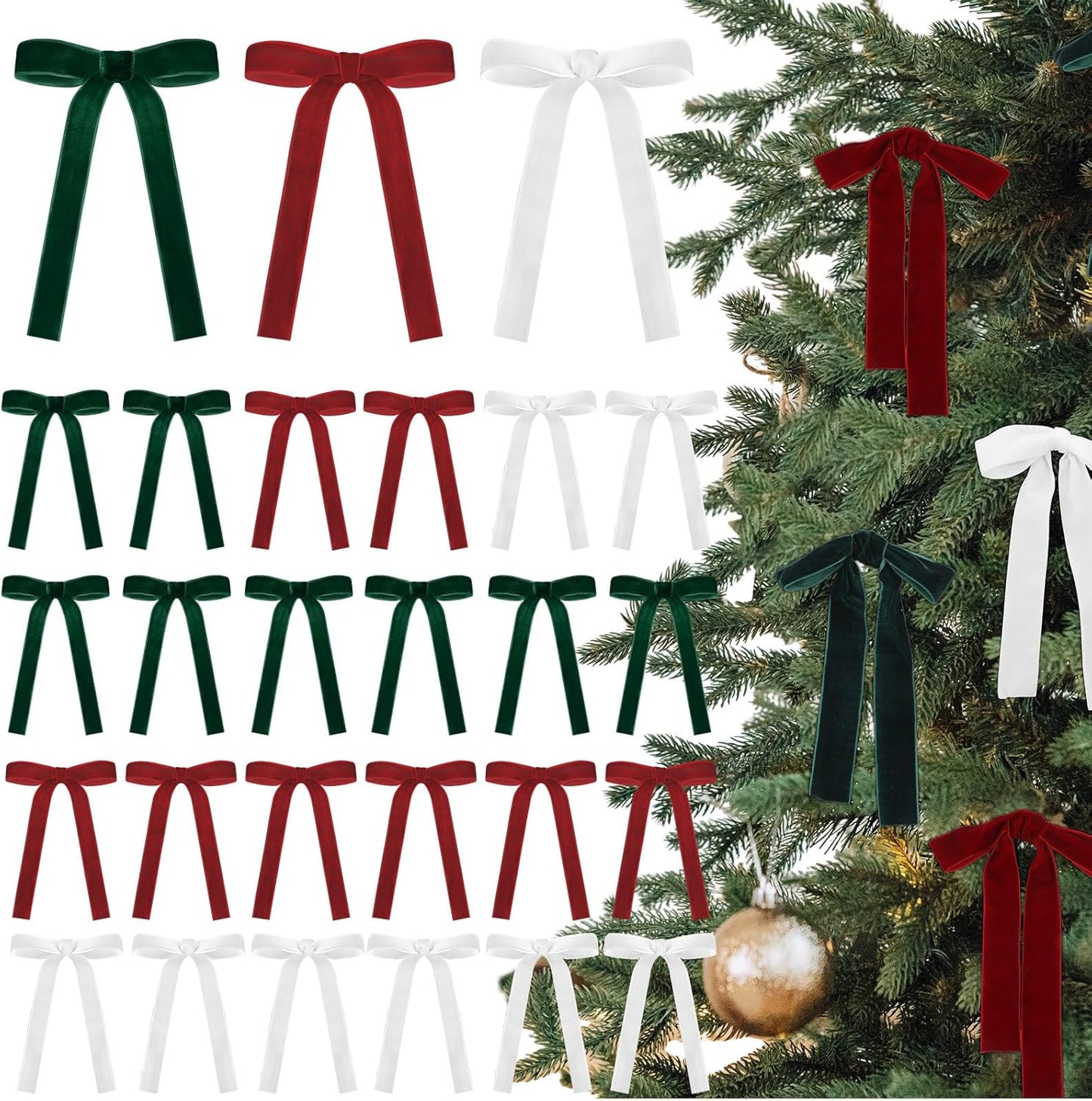 Skiennix 24 Pcs Velvet Bows - Vintage Ribbon Bows for Christmas Tree & Crafts | Red, Green, White (5 x 7 Inch)