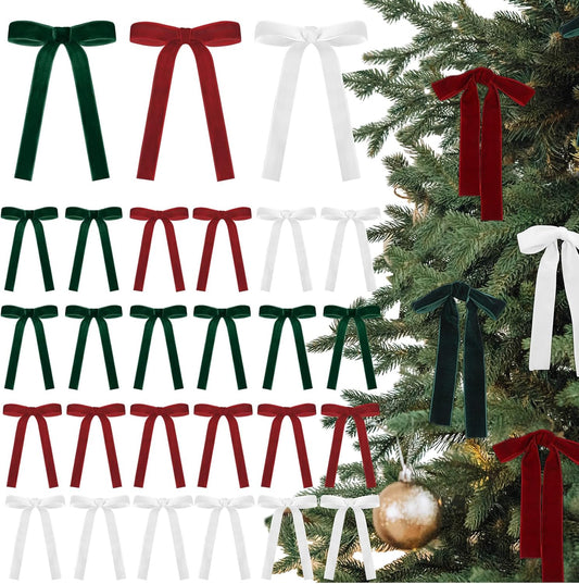 Skiennix 24 Pcs Velvet Bows - Vintage Ribbon Bows for Christmas Tree & Crafts | Red, Green, White (5 x 7 Inch)