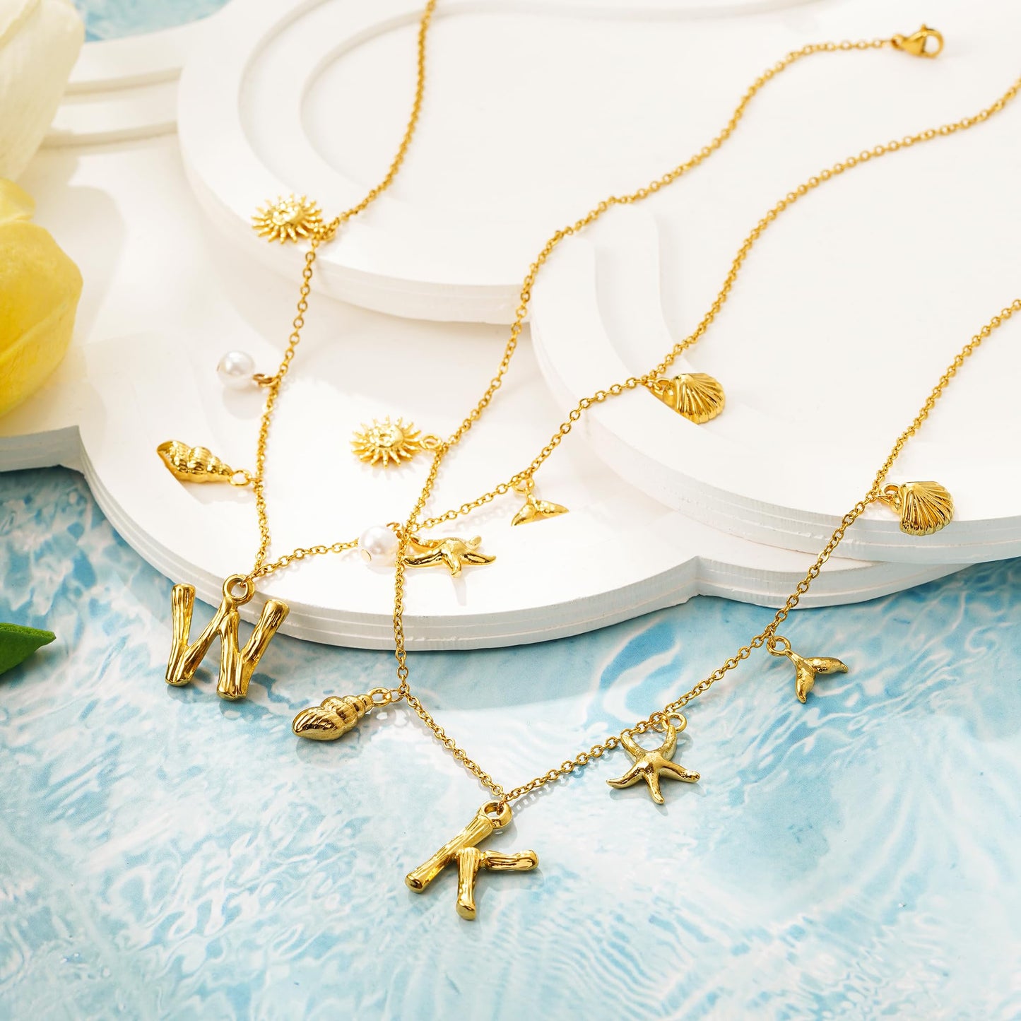 SLOONG Initial Charm Necklace 14K Gold Plated Letter Neckalce Freshwater Pearl Necklace Choker Boho Summer Seashell Beach Starfish Surfer Jewelry Gifts for Women A