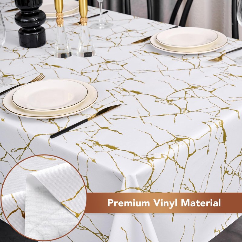 sancua 100% Waterproof Vinyl Tablecloth 54x78 Inch, Rectangle PVC Table Cloth for Picnic, Oil-Resistant Spill-Proof Wipeable Table Cover for Dining, Kitchen, Parties, Indoor and Outdoor, White Marble