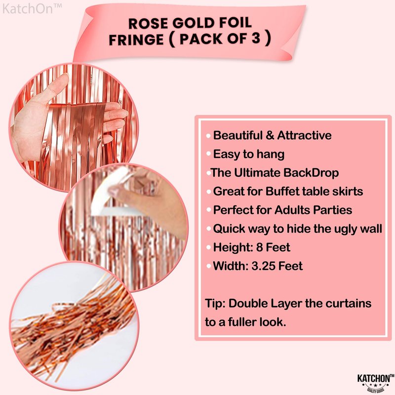 KatchOn, Rose Gold Fringe Curtain - XtraLarge 8x3.2 Feet, Pack of 3 | Rose Gold Backdrop for Bachelorette Party Decor, Graduation Decorations 2025 | Fringe Backdrop for Rosegold Birthday Decorations