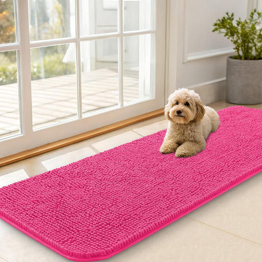 OLANLY Dog Door Mat - Absorbent Non-Slip Chenille Mud Mat for Muddy Paws | 59x20, Hot Pink