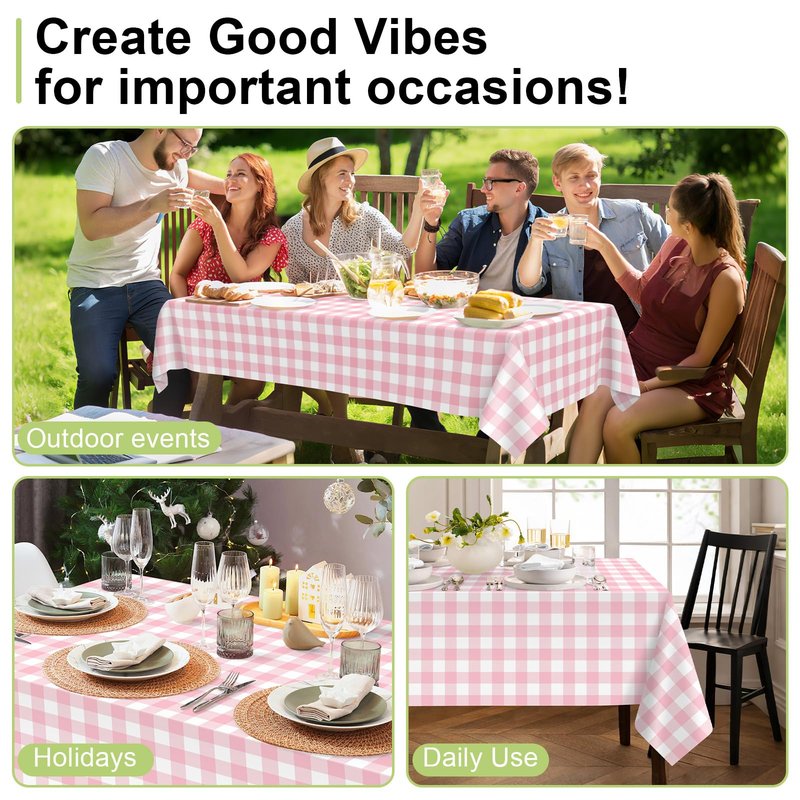 QIKSION Pink Gingham Tablecloth Disposable 2 Pack, 54 x 108 Inch Pink and White Checkered Table Cloth for Baby Shower, Easter, Mothers Day Decorations, Birthday Party, Rectangle, Plastic Table Cover