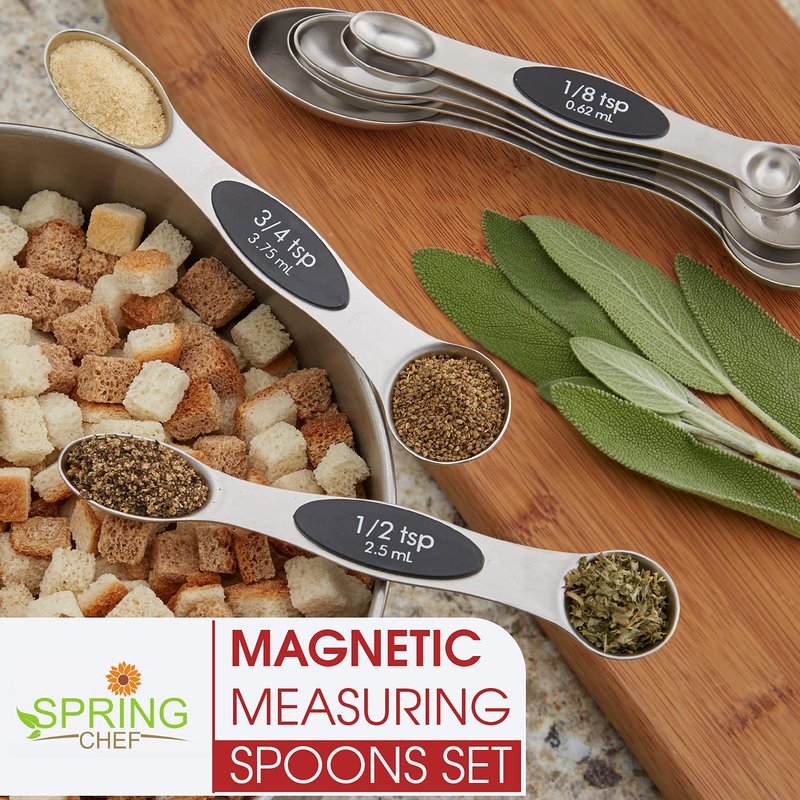Spring Chef Magnetic Measuring Spoons Set, Dual Sided, Stainless Steel, Fits in Spice Jars, Pine Green, Set of 8, 2 Pack