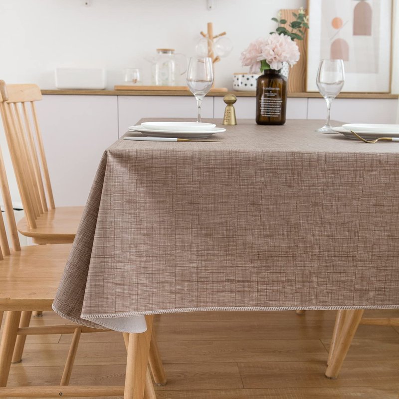 Pioggia Vinyl Tablecloth with Flannel Backing Rectangle Waterproof Oil-Proof Plastic Table Cloth Wipeable PVC Table Cover for Indoor and Outdoor (Linen, 60 x 102 Inch)
