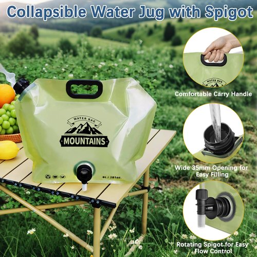 Coipdfty Water Jug Camping 2.1 Gallon Collapsible with Spigot, BPA Free Portable Water Pouch Foldable Water Bags for Outdoor Hiking, Travel and Emergency & Water Storage Containers (Green-1Pcs)
