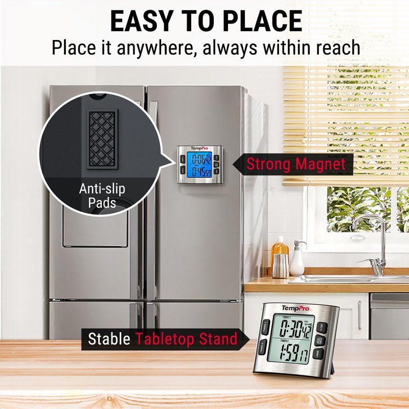 TempPro TM02 24H Digital Timer with Dual Kitchen Timers for Cooking, Magnetic Timer Clock with Adjustable Alarm Volume & LCD Backlit Display, Classroom Timer for Kids & Teachers(Previously ThermoPro)