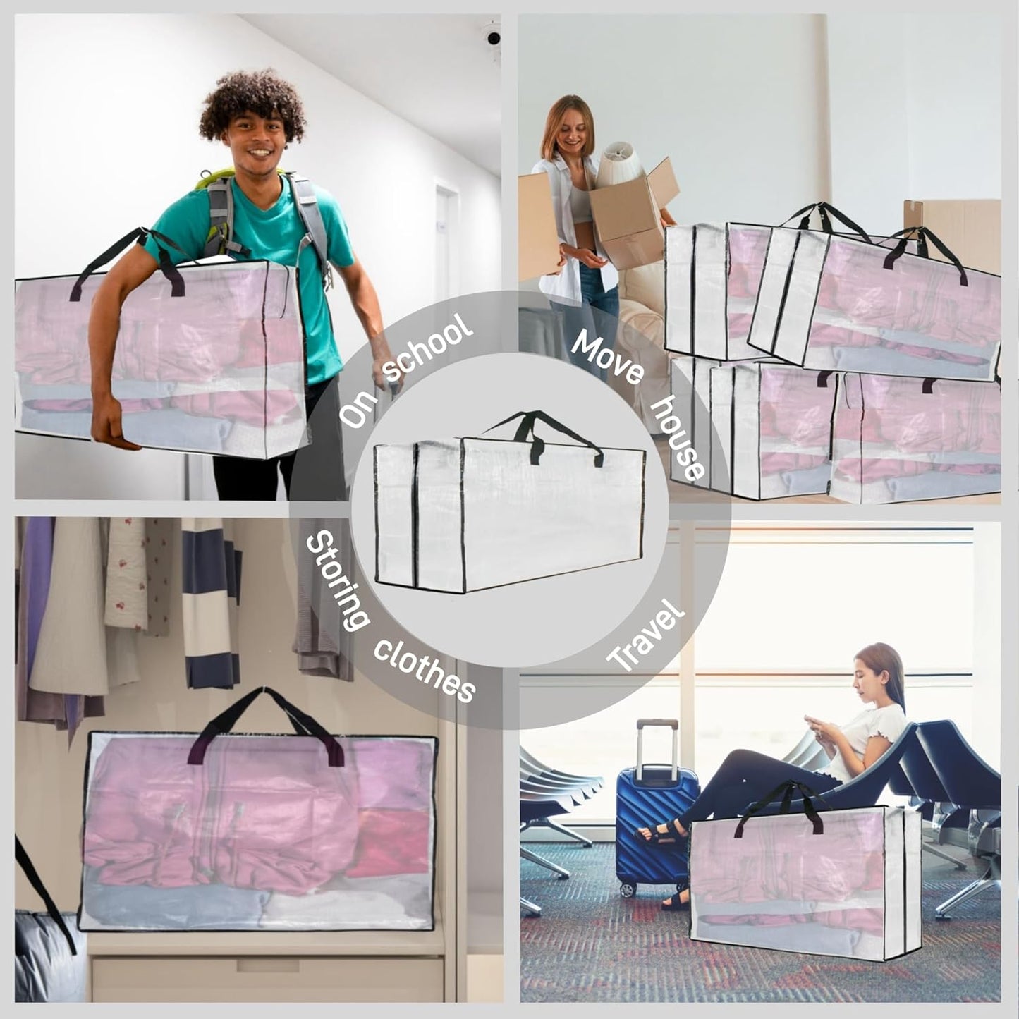 Skiennix Heavy Duty Moving Bags - Extra Large Clear Storage with Zipper & Handles | 3 Pack for Easy Packing