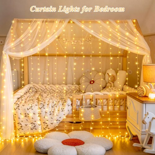 JMEXSUSS 200 LED Curtain Lights for Bedroom, Warm White Curtain Fairy Lights for Backdrop Indoor, USB Hanging String Lights with Remote for Wall Backdrop Wedding Party Decor, 6.5ftx6.5ft