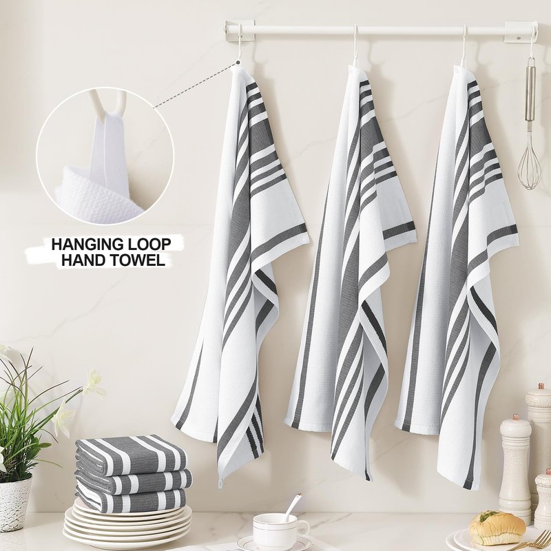 Homaxy Premium Kitchen Towels 18”x 28”, Large Cotton 380 GSM Kitchen Hand Towels, Stripe and Terry Dish Towel, Highly Absorbent Tea Towel Set with Hanging Loop, 6 Pack, Black