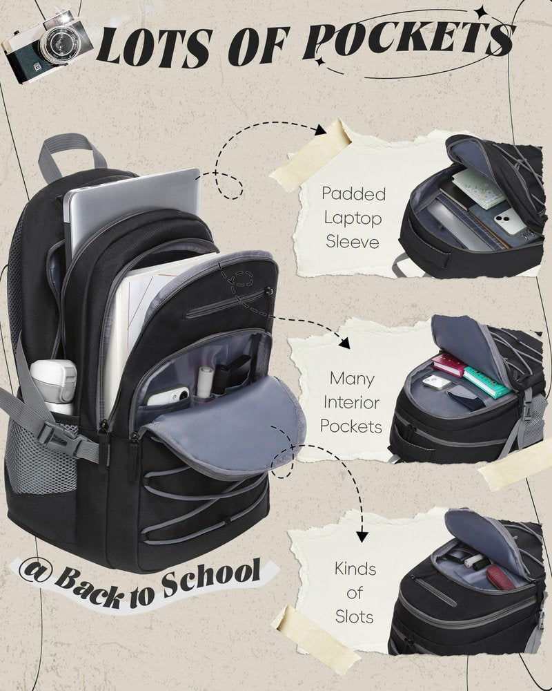 FOKDUVB Middle High School Backpacks for Boys Girls Large Bookbags with Laptop Compartment for Teens Teenagers Back to School Book Bags Mochilas Escolares para Adolescentes (Black/Gray, Solid)