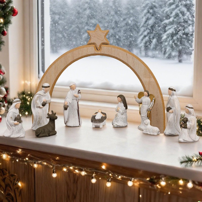Treewoll 11 Pcs Christmas Scene Nativity Set, Holy Family Scene with Wooden Arched Stable and Resin Figurines Including Baby Jesus, Mary, Joseph and More, Religious Collections for Home Tabletop Decor