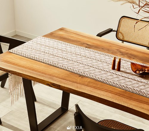 FEXIA Boho Macrame Table Runner with Tassels 36 Inches Long Cream for Farmhouse Home Decor Bohemian Dining Bedroom Decor Rustic Bridal Shower (12x36 Inches)