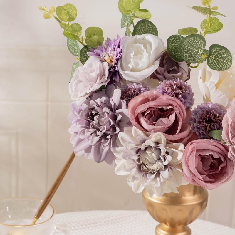 Khyxvbcd 30 Pcs Artificial Flowers Combo Purple Flowers Mix Silk Flowers Dahlia Roses with Stems for DIY Wedding Bridal Bouquets, Baby Shower, Floral Arrangement, Table Centerpieces, Home Decorations