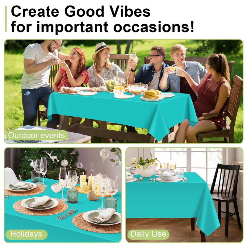 QIKSION Teal Plastic Table Cloth Disposable 2 Pack, 54 x 108 Inch Tablecloths for Easter Party, Summer, Turquoise Rectangle Table Cover